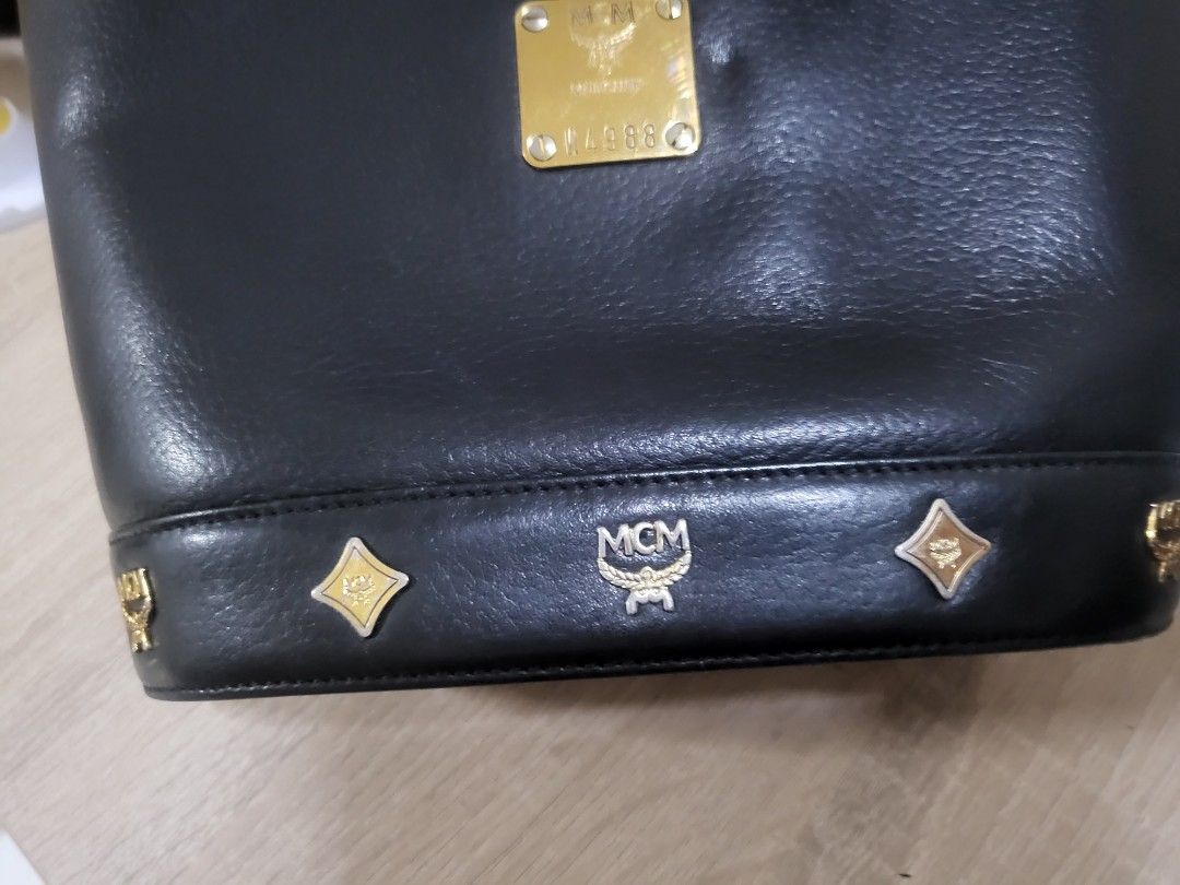 Auth MCM Vintage Black Leather Golden Studded Logo Medium Tote Bag Germany