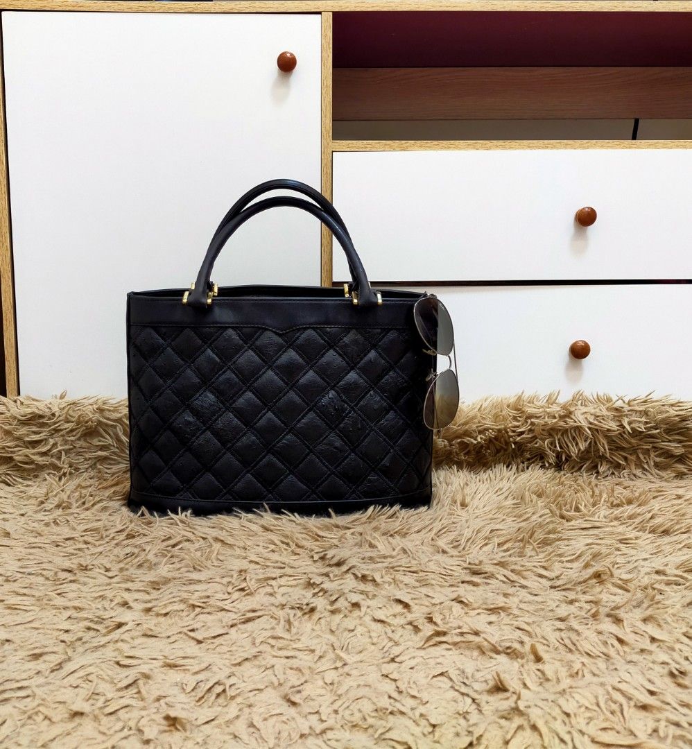 Genuine Ostrich Leather Black Vintage Quilted Handbag, Tote Bag, Stand