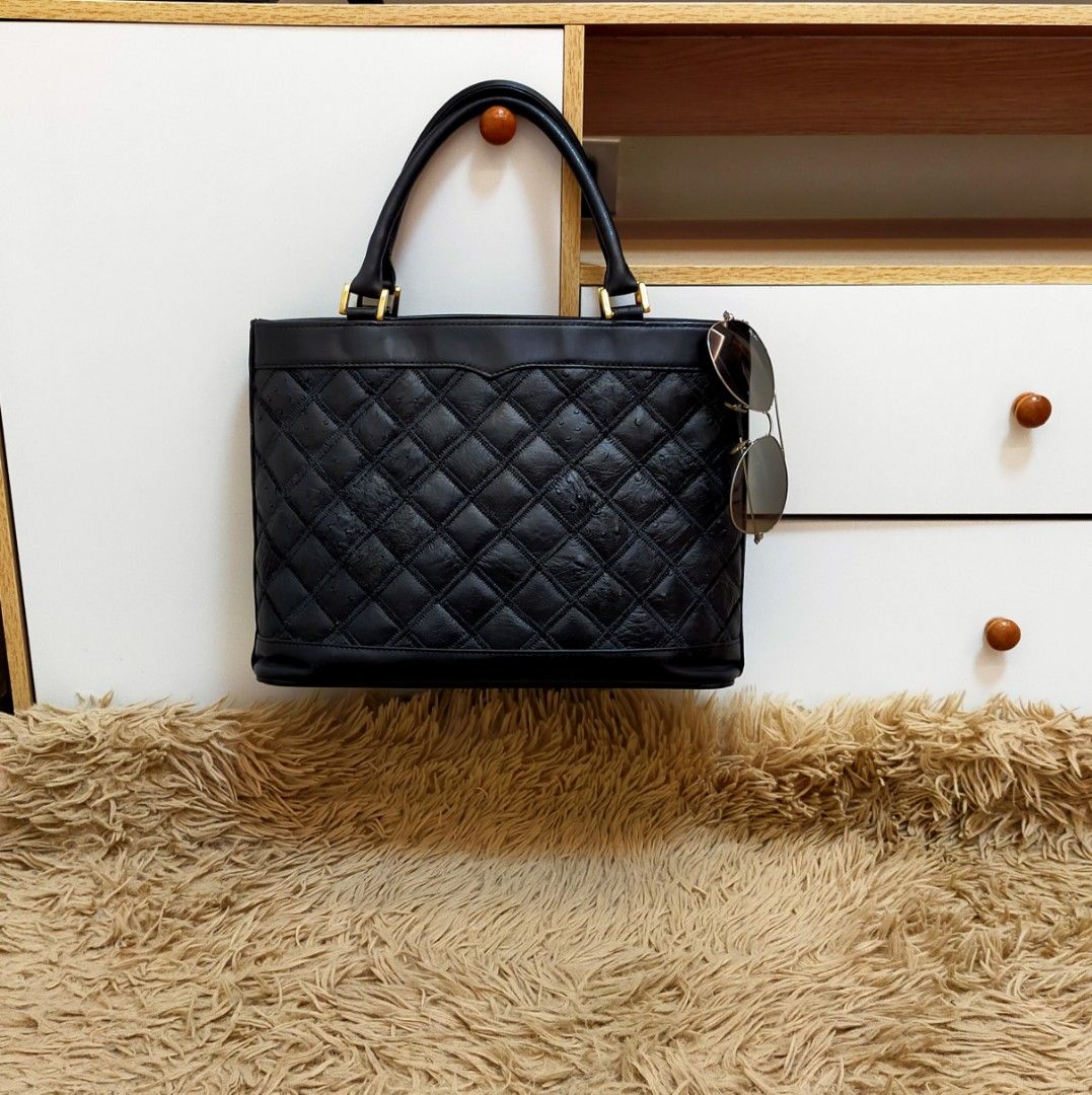Genuine Ostrich Leather Black Vintage Quilted Handbag, Tote Bag, Stand
