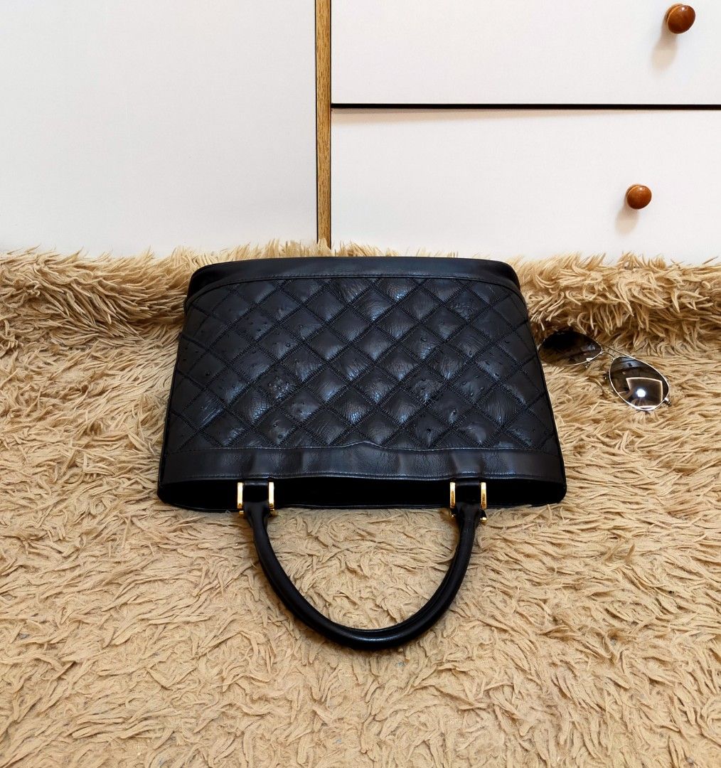 Genuine Ostrich Leather Black Vintage Quilted Handbag, Tote Bag, Stand