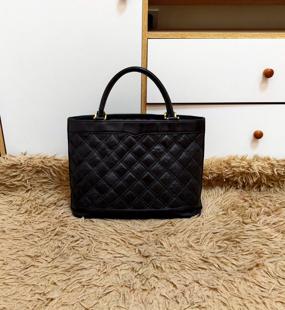 Genuine Ostrich Leather Black Vintage Quilted Handbag, Tote Bag, Stand