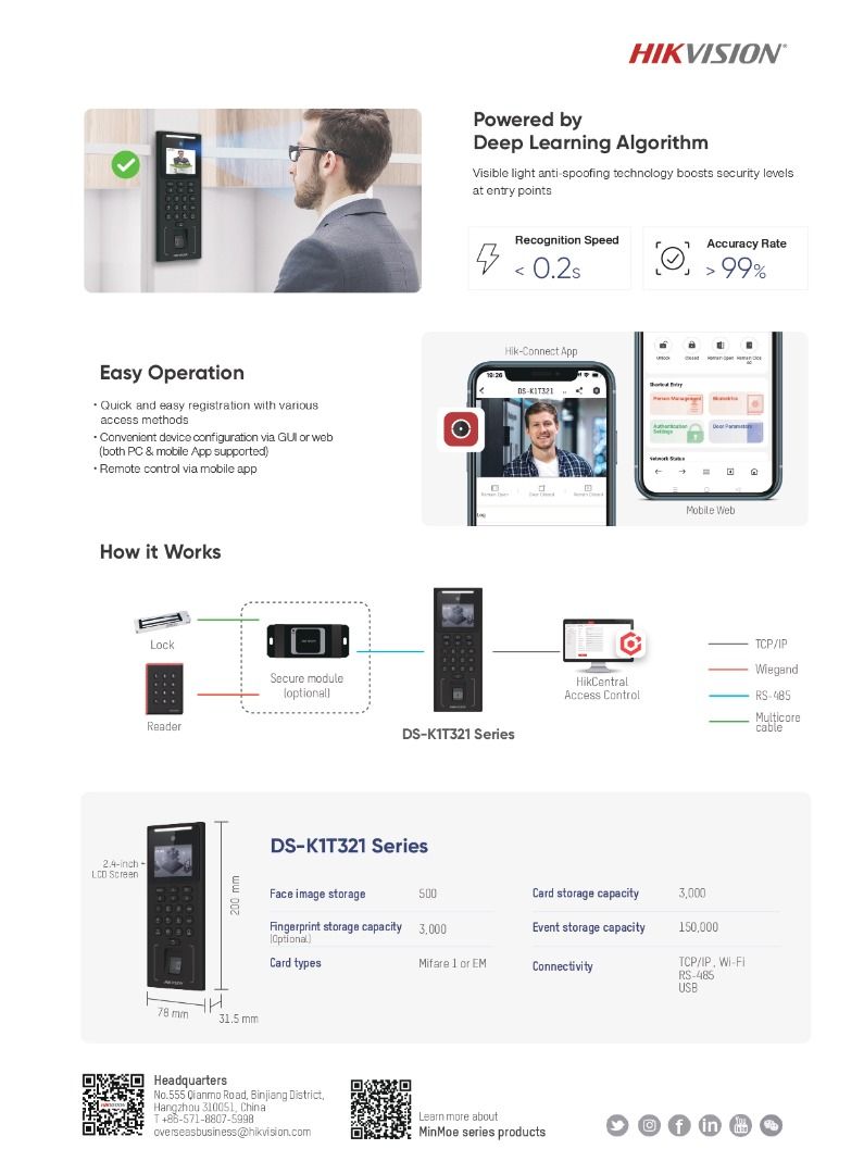 Hikvision Door Access Control System DSK1T321 with Face Recognition