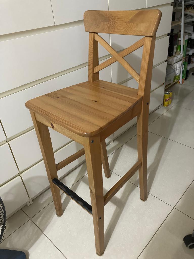 IKEA INGOLF Bar Stool with backrest, 74cm, wood color, Furniture & Home