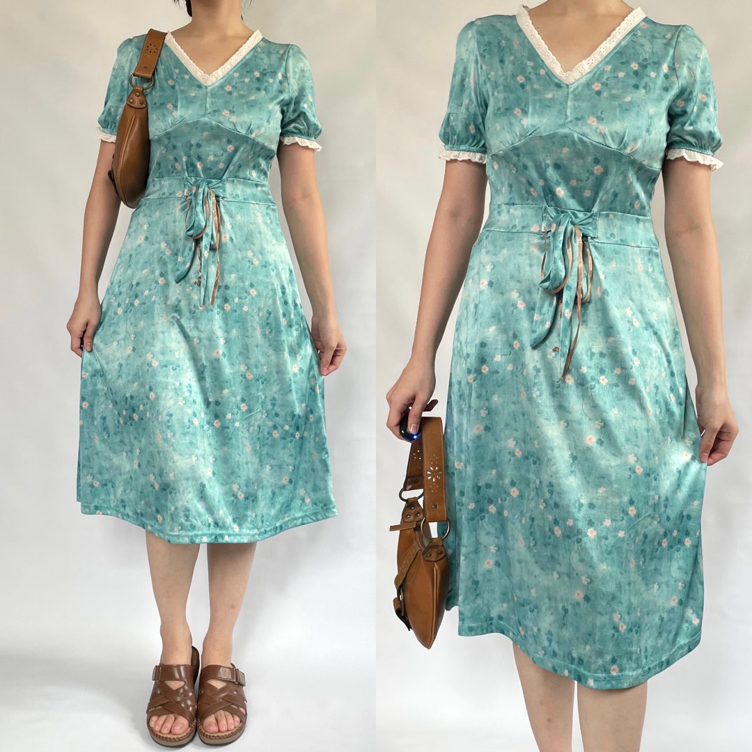 Light Turquoise Floral Coquette Cottagecore Midi Dress on Carousell