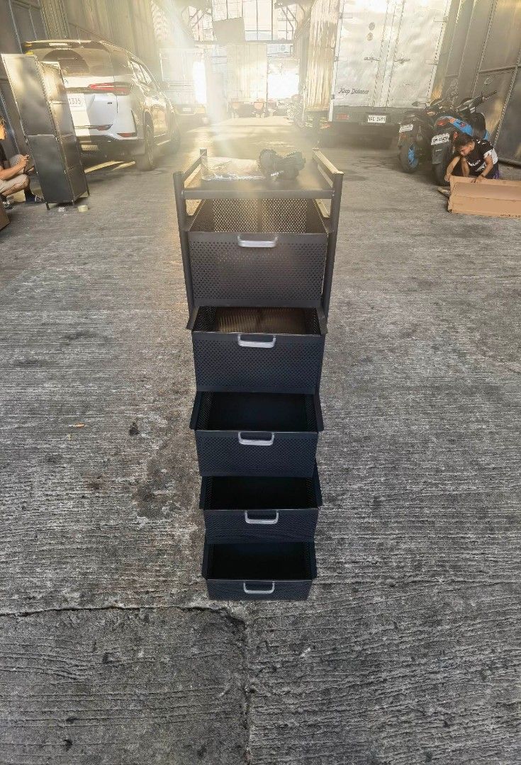 Metal kitche storage rack (Category: Storage Boxes & Baskets) located in Manila. Submitted by minidivisoria (Listing ID 1231082621, Image 2). Description: 2,250 H-95cm W-30cm L-40cm Metal kitchen storage rack with wheels available color: black/white 5layer.