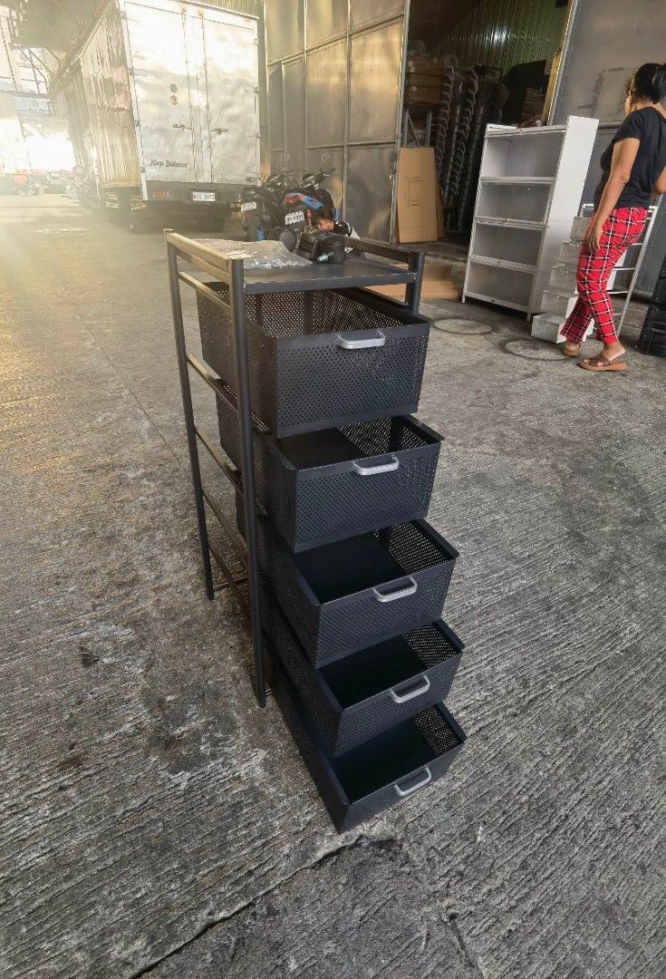 Metal kitche storage rack (Category: Storage Boxes & Baskets) located in Manila. Submitted by minidivisoria (Listing ID 1231082621, Image 3). Description: 2,250 H-95cm W-30cm L-40cm Metal kitchen storage rack with wheels available color: black/white 5layer.