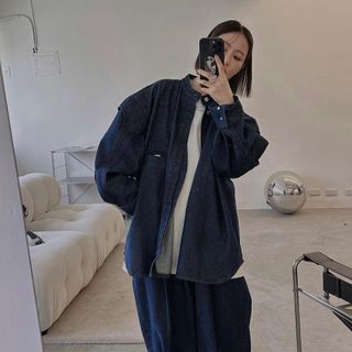 Mouggan 立領層次丹寧襯衫 深藍S