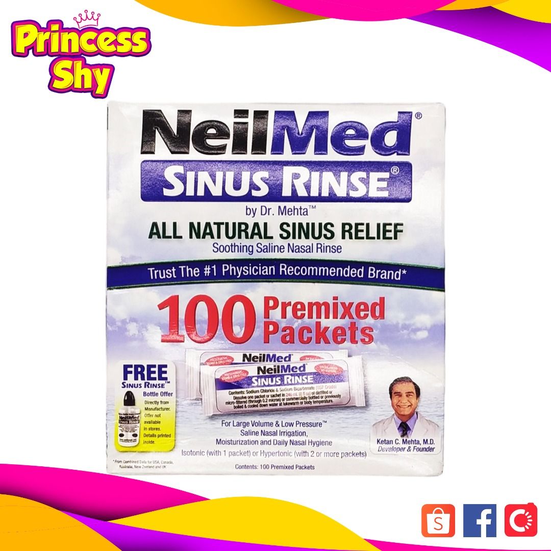 NeilMed Sinus Rinse All Natural Relief Premixed Refill 100 Packets (Category: Medical Supplies & Tools) located in San Juan City. Submitted by princessshyph (Listing ID 1088299712, Image 1). Description: Note: Bottle not included Brand NeilMed Ingredients USP Grade (purity level 99% or higher) Sodium Chloride and Sodium Bicarbonate Item Form Packet Item Weight 340.19 Grams Package Type Bag Age Range (Description) Adult Item Dimensions LxWxH 2.5 x