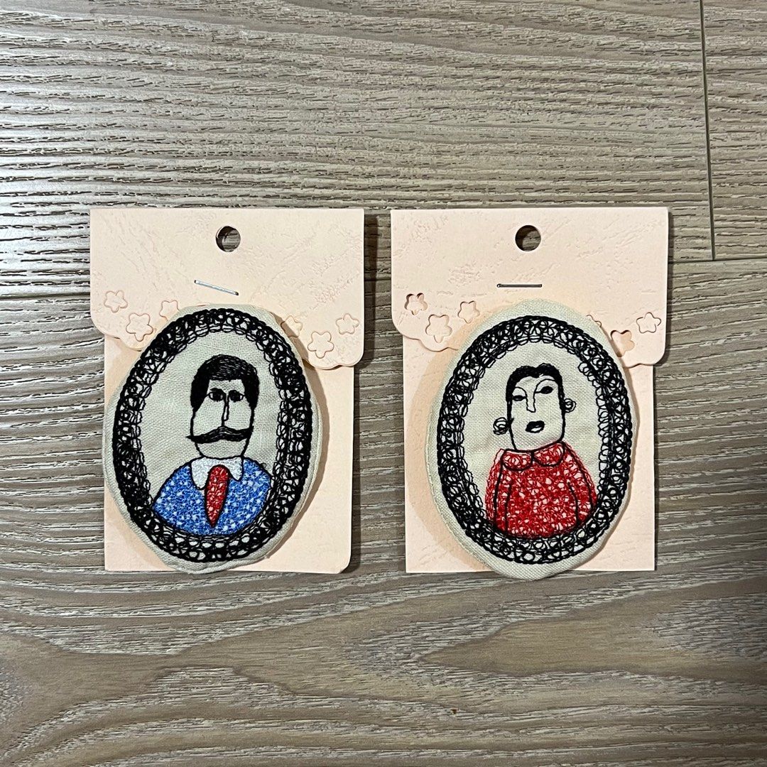 Quirky padded fabric couple brooches 2 pieces