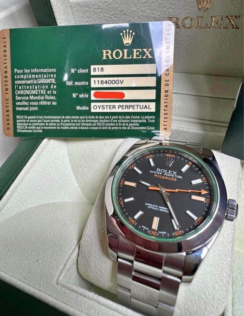 Rolex 2012 Milgauss Black dial 40mm (Category: Luxury Watches) located in Pasig City. Submitted by Watchaholics (Listing ID 1230944316, Image 2). Description: Rolex 2012 Milgauss Black dial 40mm Ref. No. 116400GV -Black Dial -40mm -2012 Model -9/10 (Mint Condition) -Comes with triple box, card, and manual For 585k You may DM or contact me 09615077138.