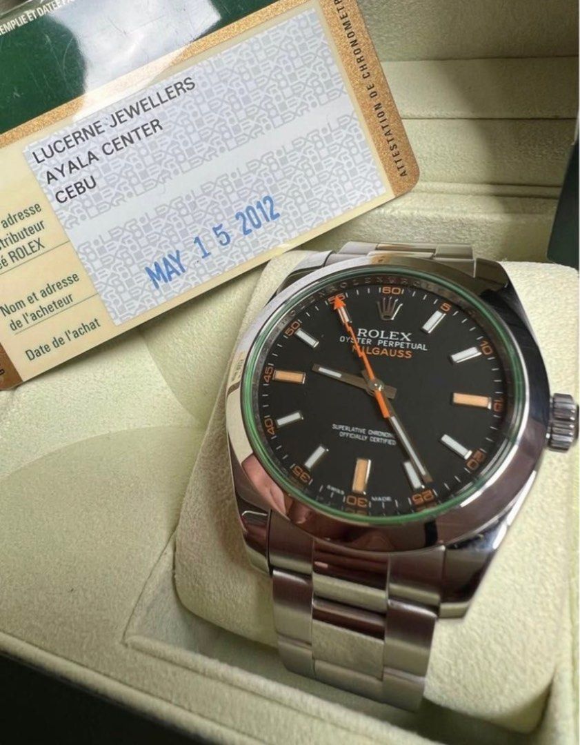 Rolex 2012 Milgauss Black dial 40mm (Category: Luxury Watches) located in Pasig City. Submitted by Watchaholics (Listing ID 1230944316, Image 1). Description: Rolex 2012 Milgauss Black dial 40mm Ref. No. 116400GV -Black Dial -40mm -2012 Model -9/10 (Mint Condition) -Comes with triple box, card, and manual For 585k You may DM or contact me 09615077138.