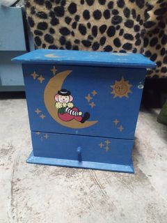 Vintage Wooden Hand Painted Clown and Celestial Keepsake Drawer Box