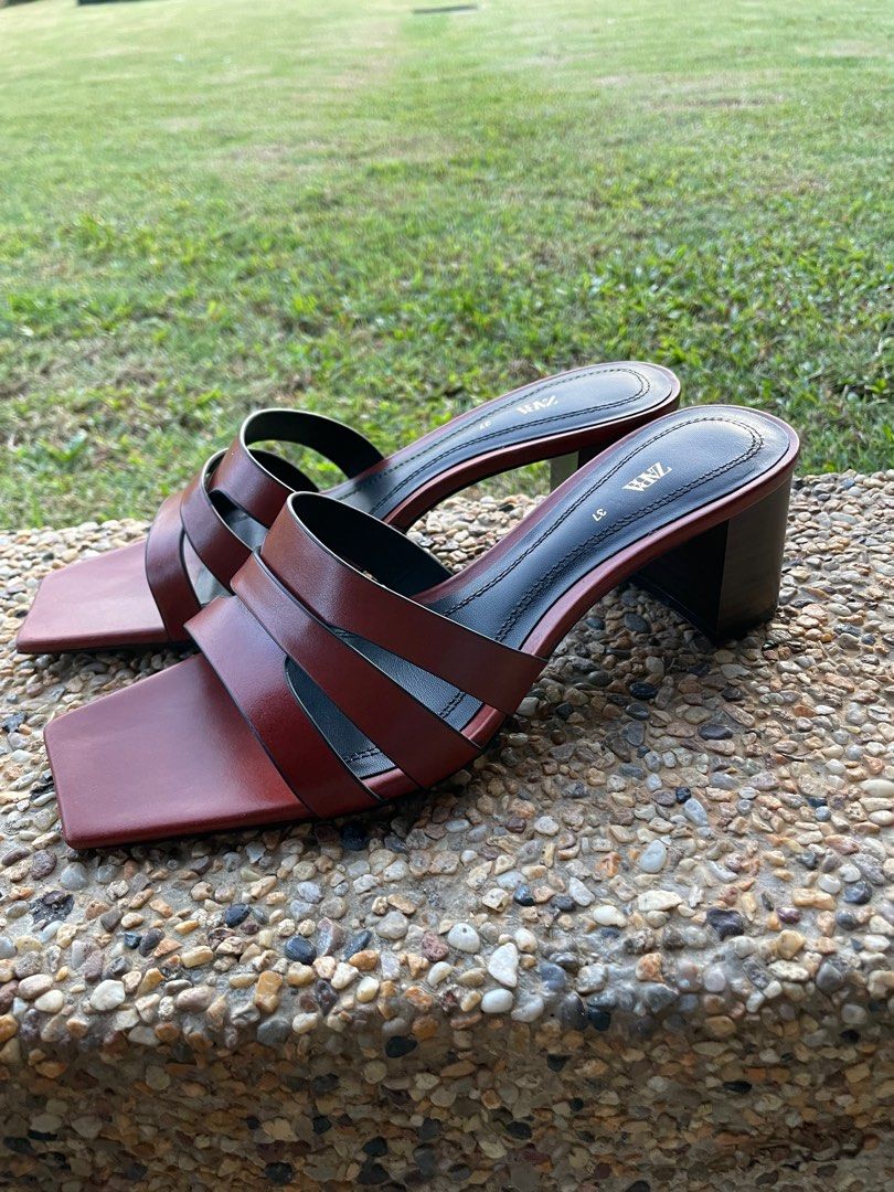 ZARA Block Heel Leather Mules Women s Fashion Footwear Heels on