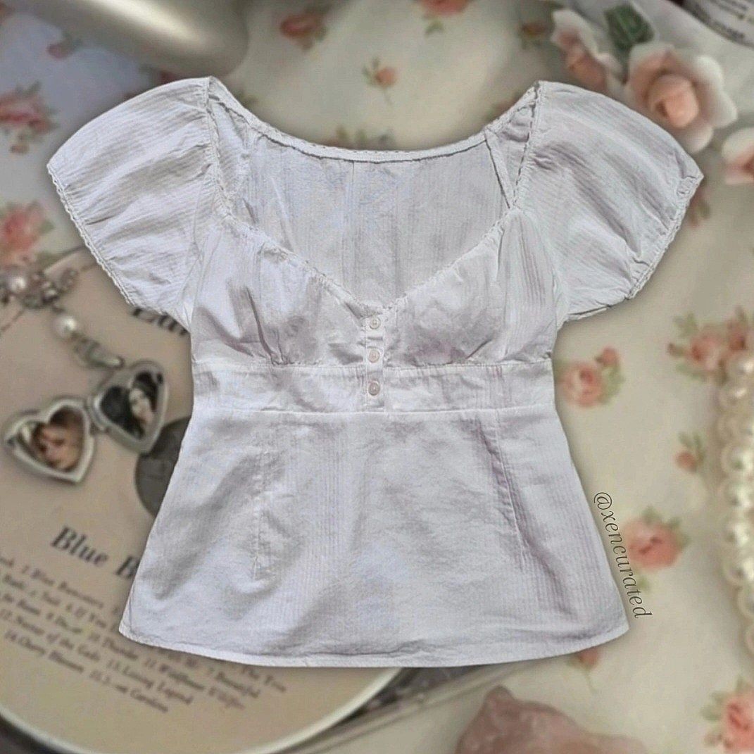 [BN] Brandy Melville Blair Cotton Ruffle Top white puff sleeve babydoll  button square neck fairy coquette, Women's Fashion, Tops, Blouses on  Carousell