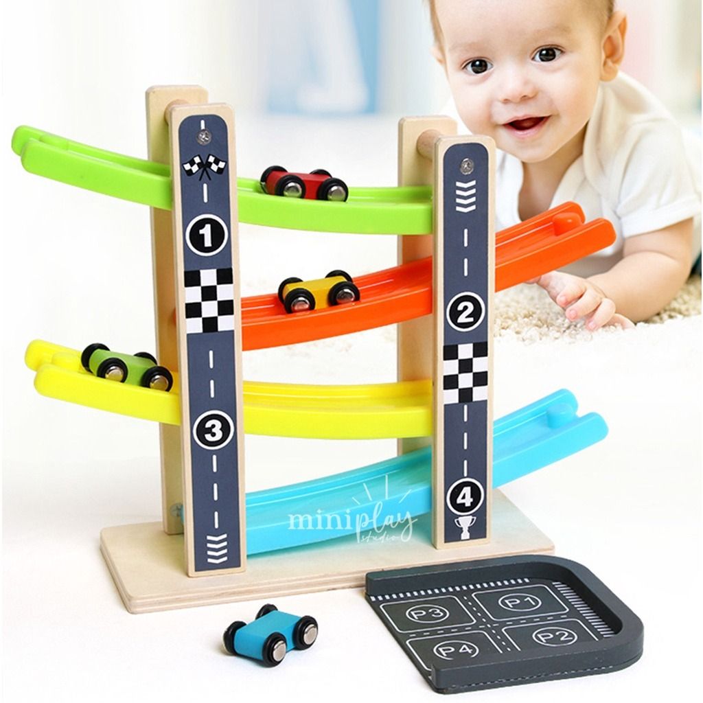 Car Track Race Ramp Racer Wooden Cars Kids Educational Toddler, Hobbies ...