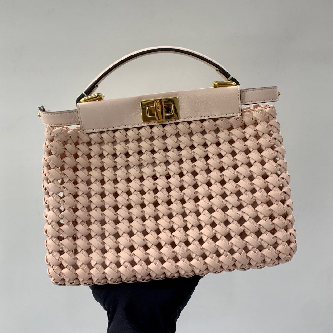 DISCOUNTED FENDI 8BN244 PEEKABOO PINK LEATHER WOVEN HANDBAG 237016647