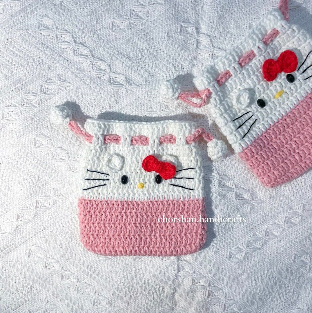 Crochet tutorial : How to do Hello Kitty Drawstring Bag 🐱💖 