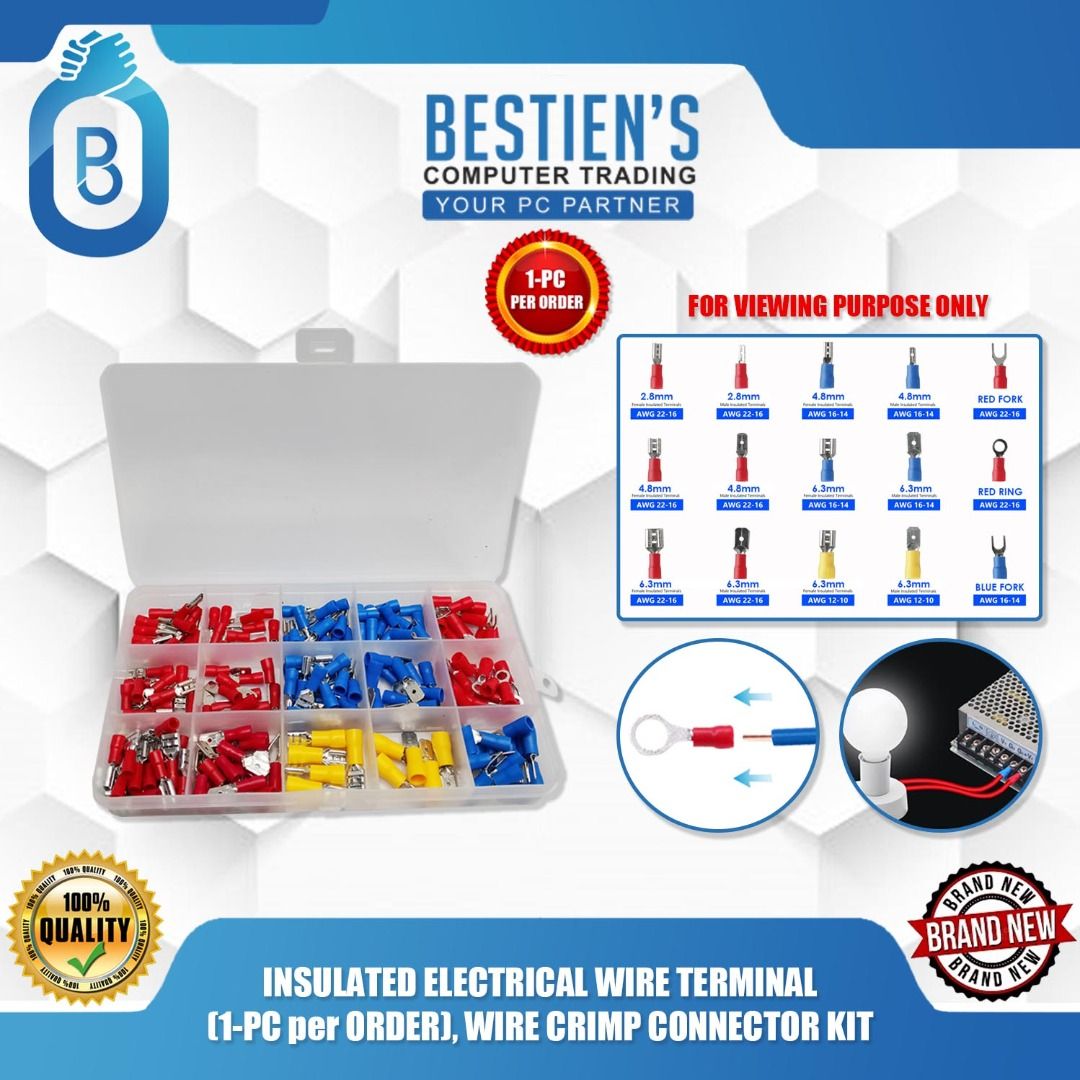 INSULATED ELECTRICAL WIRE TERMINAL (1-PC per ORDER), WIRE CRIMP CONNECTOR KIT (Category: Electrical, Adaptors & Sockets) located in Quezon City. Submitted by besteinpc (Listing ID 1227325591, Image 1). Description: INSULATED ELECTRICAL WIRE TERMINAL (1-PC per ORDER), WIRE CRIMP CONNECTOR KIT FEATURES: 👉VARIATION: See below variation 👉Standard Materials - Copper + PVC+ Tinplate. 👉Wire Range: AWG 22-16 (Red), AWG 16-14 (Blue) AWG 12-10 (Yellow) 