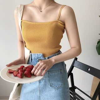 mustard yellow ribbed spag top | cami camisole ulzzang korean y2k cute aesthetic thrifted vintage grunge trendy fashion cottagecore retro acubi fairy
