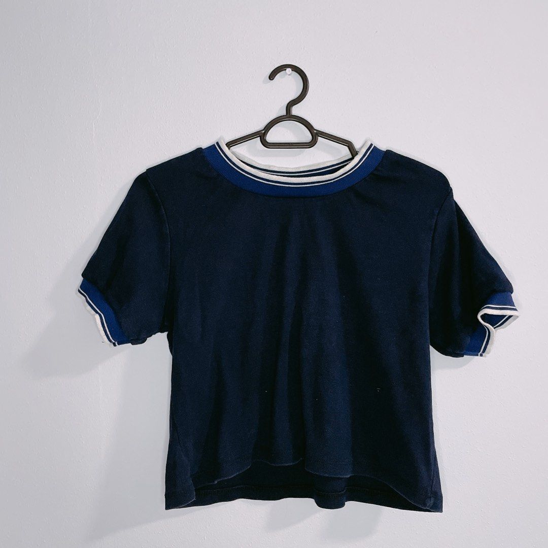 Women's Navy Blue Printed Cinched Waist Crop Top