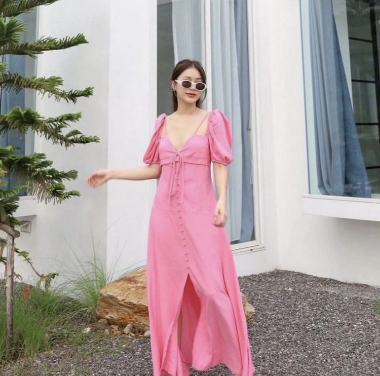 Pink linen maxi dress clearance