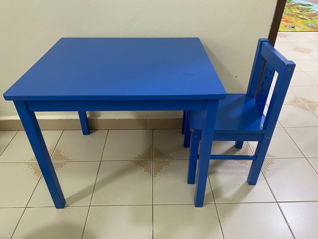 Preschooler Ikea wooden table and chair (blue), Furniture & Home