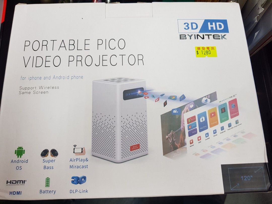 Projector （分類：其他家庭電器）位於 Hong Kong。 由 shunfata5 提交（商品編號 1235014339，圖片 1）。簡介： BYINTEK Projector , 高清投影器 可連接iphone 或者 Android 手機播放相片或 短片 全新一套，大特價 $ 1280。