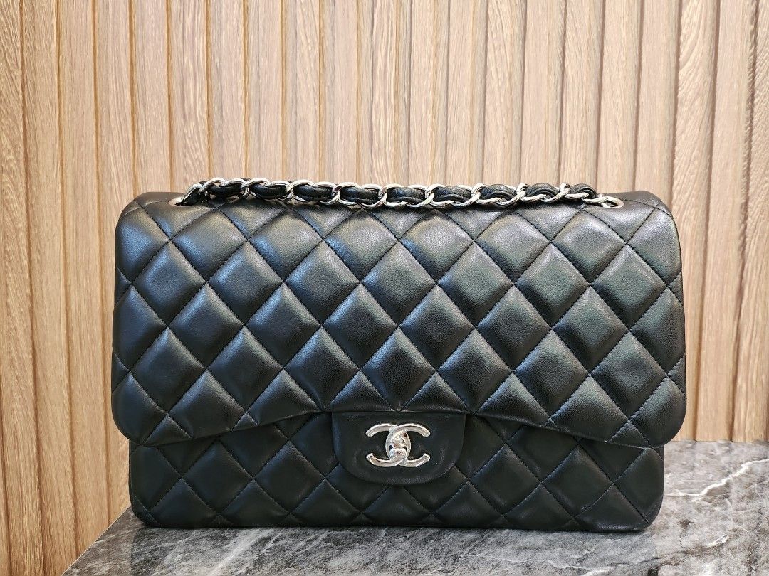 Receipt* Like New Chanel Classic Double Flap Bag Jumbo Size Black Lambskin  with silver Hardware, Luxury, Bags & Wallets on Carousell