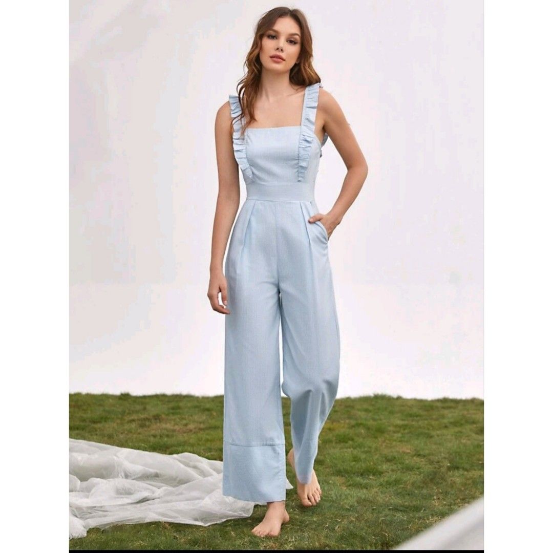 Ruffle trim wide leg jumpsuit discount
