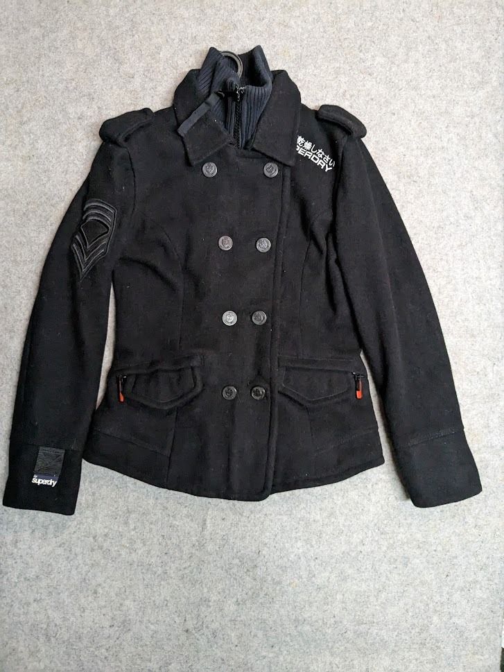 SUPERDRY AUTHENTIC NAVY LABEL Peacoat Double Breasted Heavy Woolen Black Size Medium