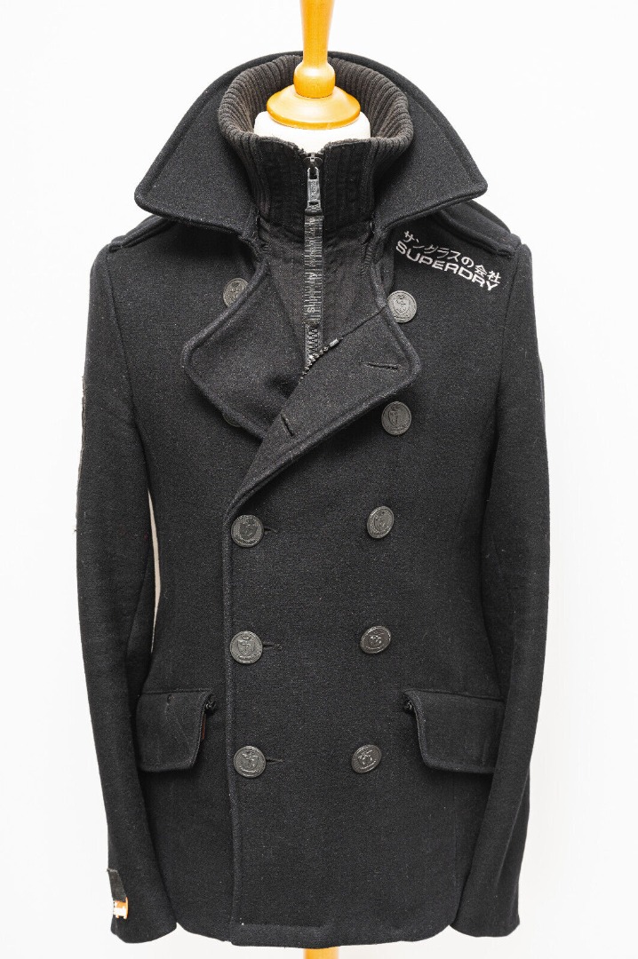 SUPERDRY AUTHENTIC NAVY LABEL Peacoat Double Breasted Heavy Woolen Black Size Medium