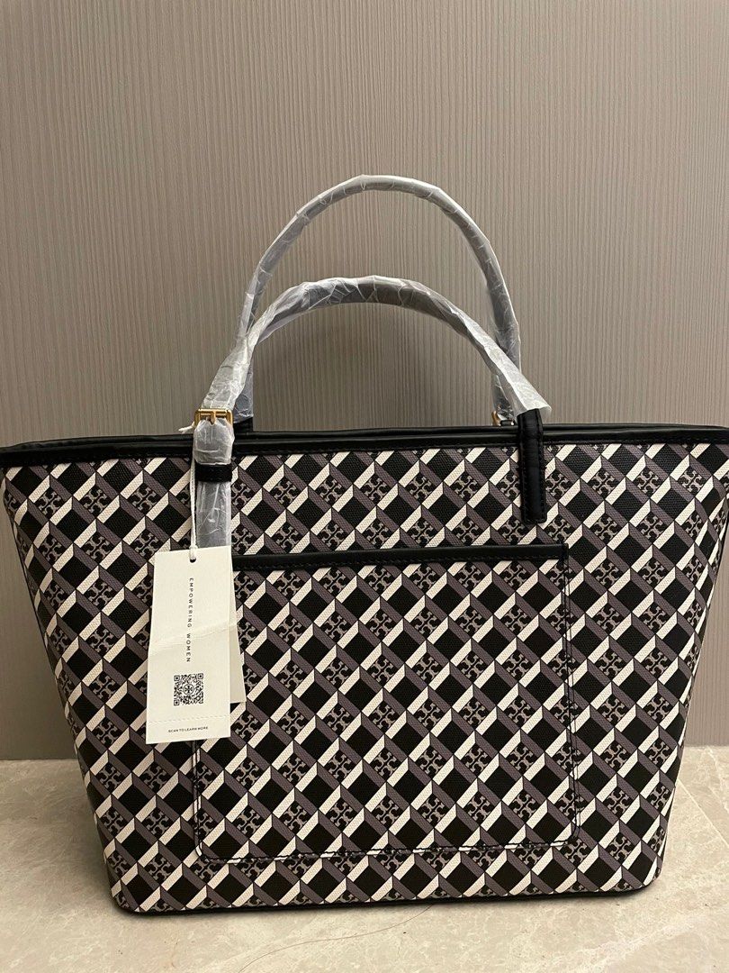 Tory Burch Black Geo Logo Mini Top Zip Tote Crossbody Purse Bag