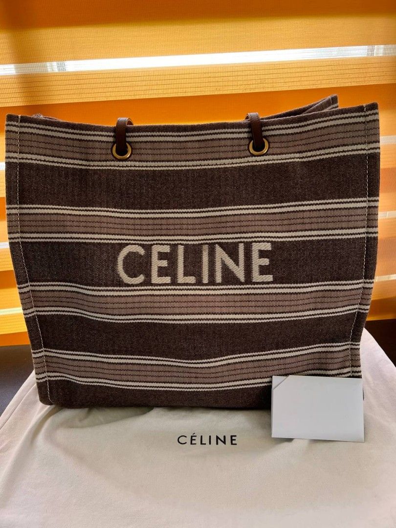 Celine Brown & Beige Striped Jacquard Cabas Tote Bag