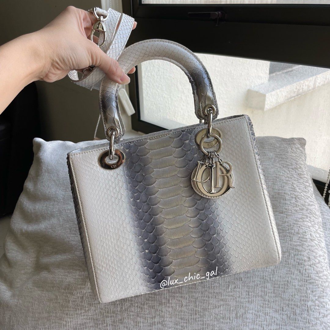 AUTHENTIC DIOR Lady Dior Medium Python Bag Silver Hardware