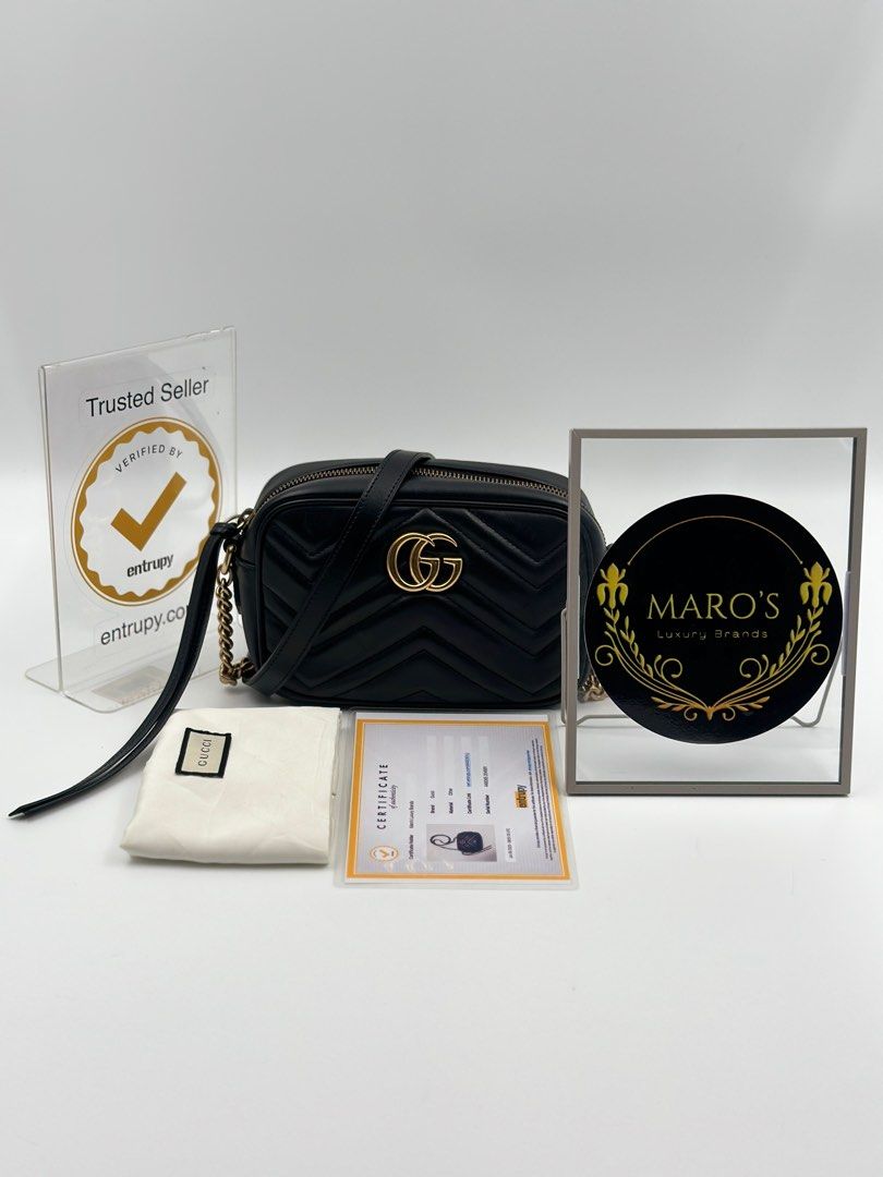 Authentic Gucci Marmont Matelasse mini Leather Crossbody Bag Black 📌with  entrupy, dustbag 📌LHW 7x4.5x2.2in, Luxury, Bags & Wallets on Carousell