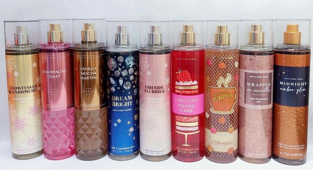 BBW Fragrance Mist 236ml (Category: Fragrance & Deodorants) located in Pasay City. Submitted by sassyshoppermnl (Listing ID 1236751644, Image 1). Description: Snowflakes & Cashmere Champagne Toast Vanilla Mocha Martini Dream Bright Fireside Flurries Strawberry Pound Cake Marshmallow Pumpkin Latte Wrapped in Vanilla. Midnight Amber Glow .