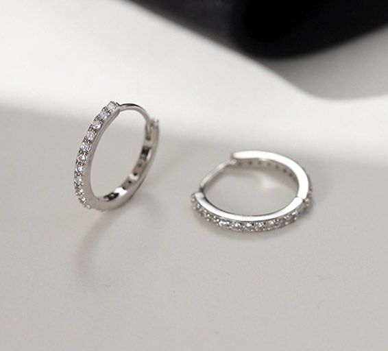 Diamond silver hoops earrings metal gem stones round circle small