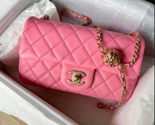 chanel 23A Black and Rose Pink Lambskin Top Handle Mini Classic Flap with  Champagne Gold Hardware 