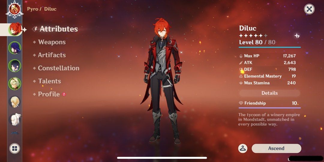 Diluc + Skin + Sign weapon, Video Gaming, Video Games, Others on Carousell