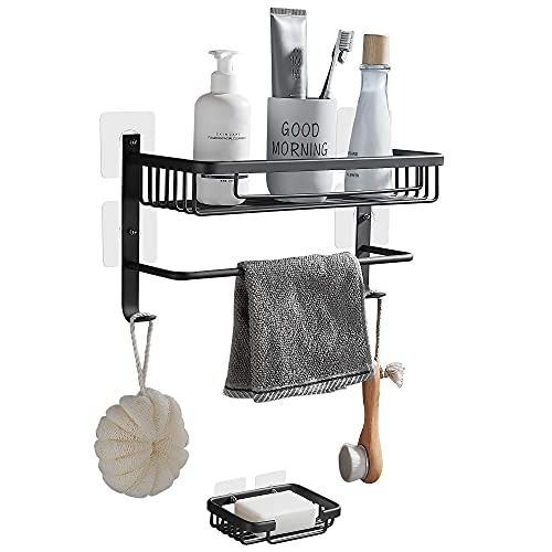 Shower Shelf, Shower Caddy With Towel Rack And Hooks, Wall Mounted Shelves,  No Drilling, Self-Adhesive, Aluminum, Black Matte Finish, For Bathroom And  Kitchen 