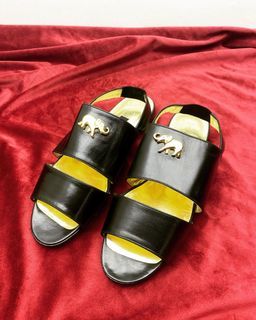 Escada Vintage  金色立體大象裝飾 真皮涼拖鞋