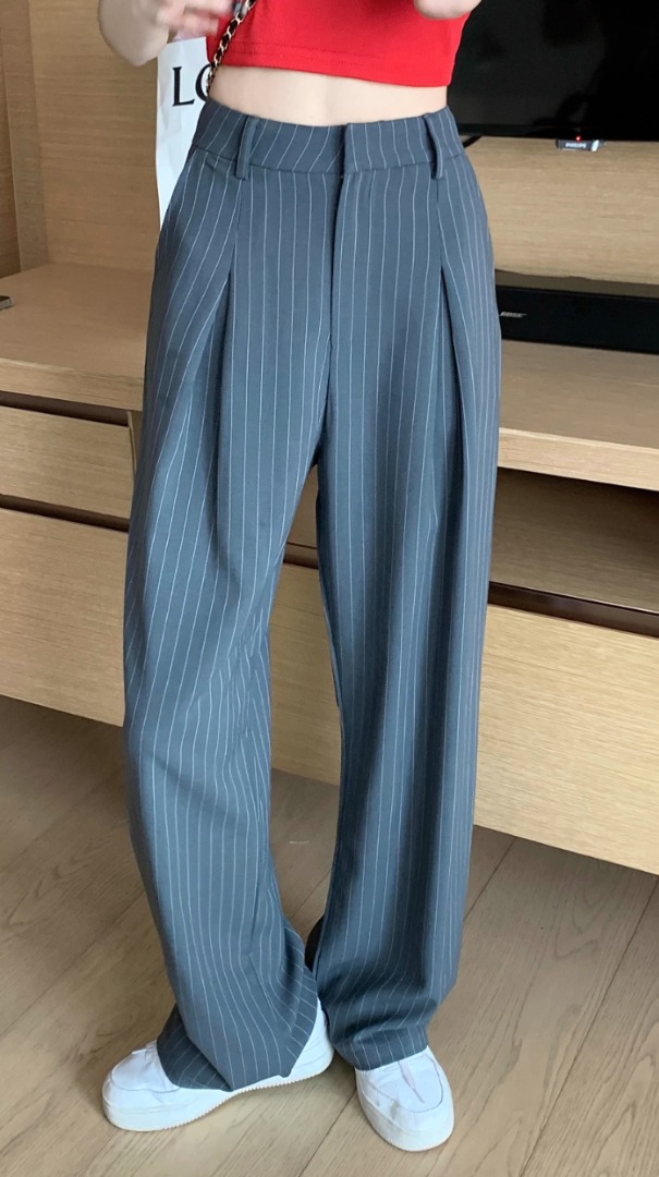 Grey Striped Pinstriped Suit Pants Casual Pants Women s High Waist