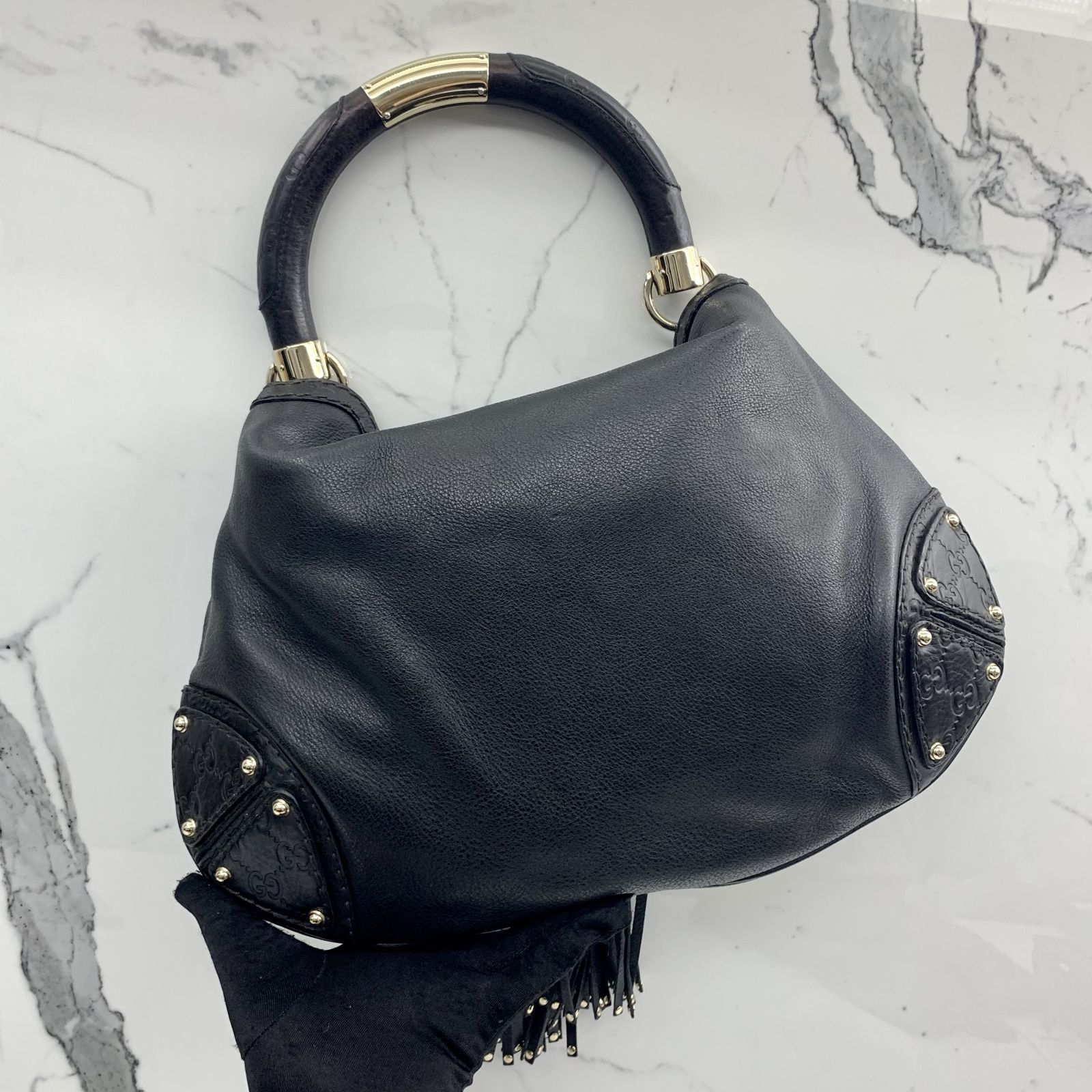 GUCCI 185566 BAMBOO BLACK ONE SHOULDER BAG 237016552 WE, Luxury