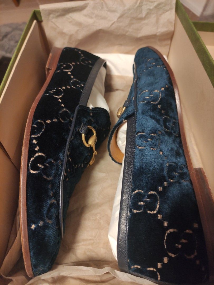 Gucci Jordaan Horsebit Leather Trimmed Logo Embroidered Velvet Loafers