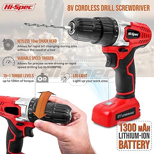 Hi Spec 8V Cordless Drill with 1300mAh Lithium Ion Battery