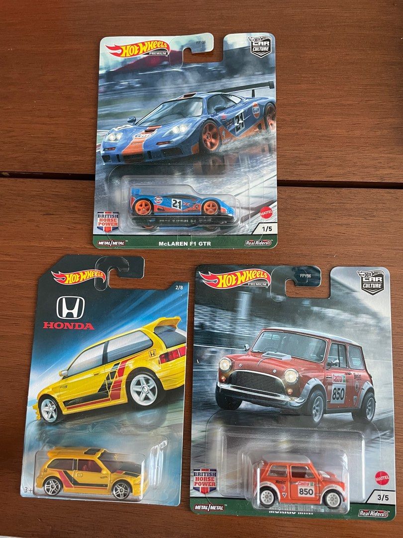 Hot wheels '90 Honda Civic, McLaren F1 Gulf, Morris Mini, Hobbies