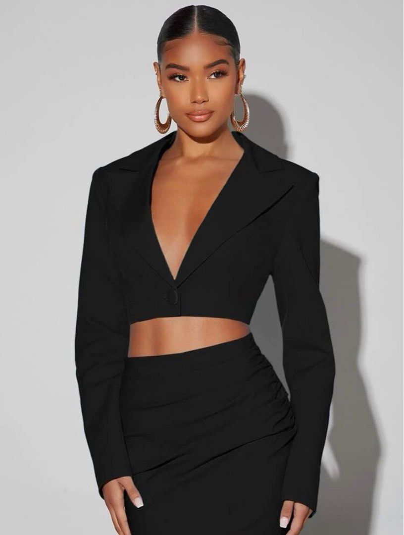 Lapel Neck Button Front Crop Blazer, Women's Fashion, Coats