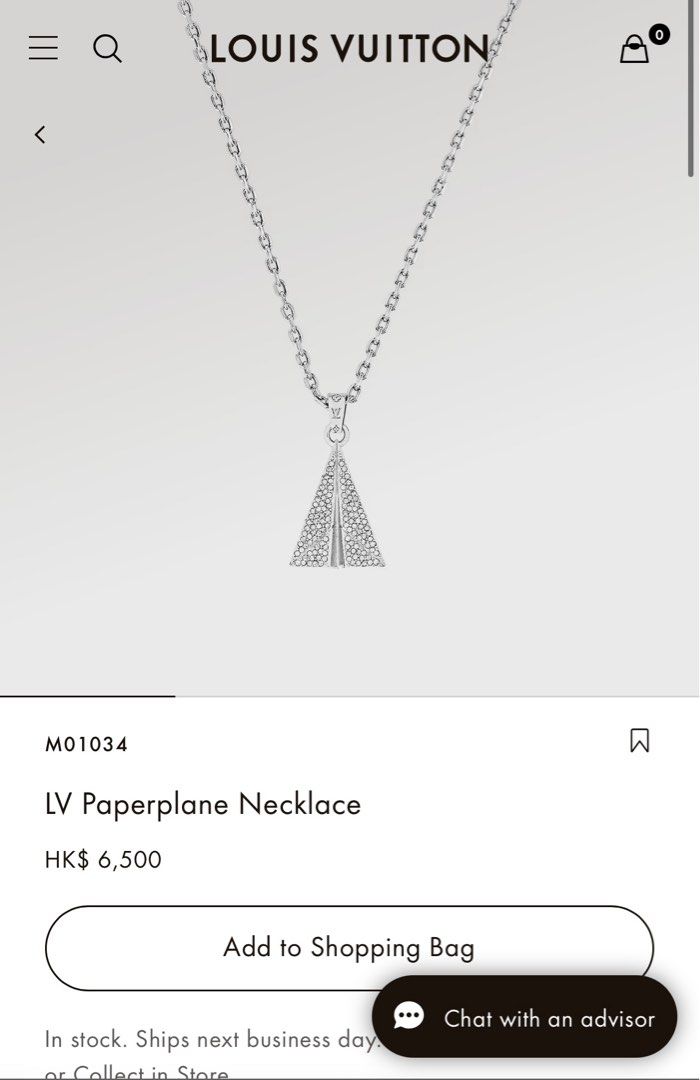 Louis Vuitton M01034 LV Paperplane Necklace , Silver, One Size