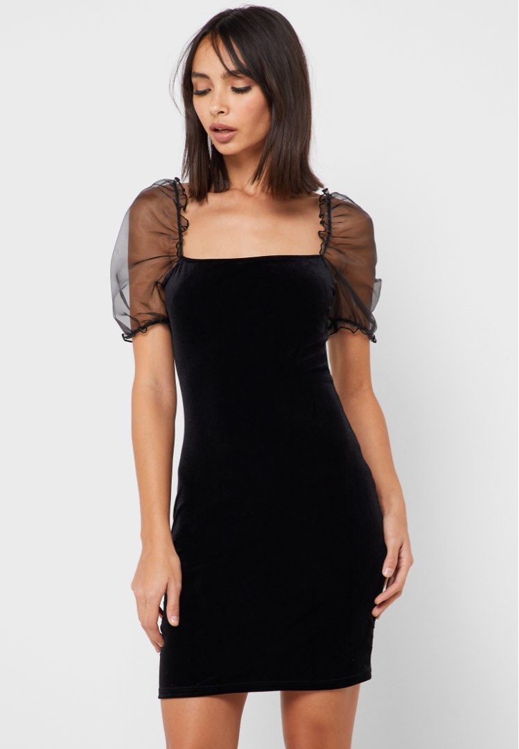 Mesh puff sleeve dress clearance
