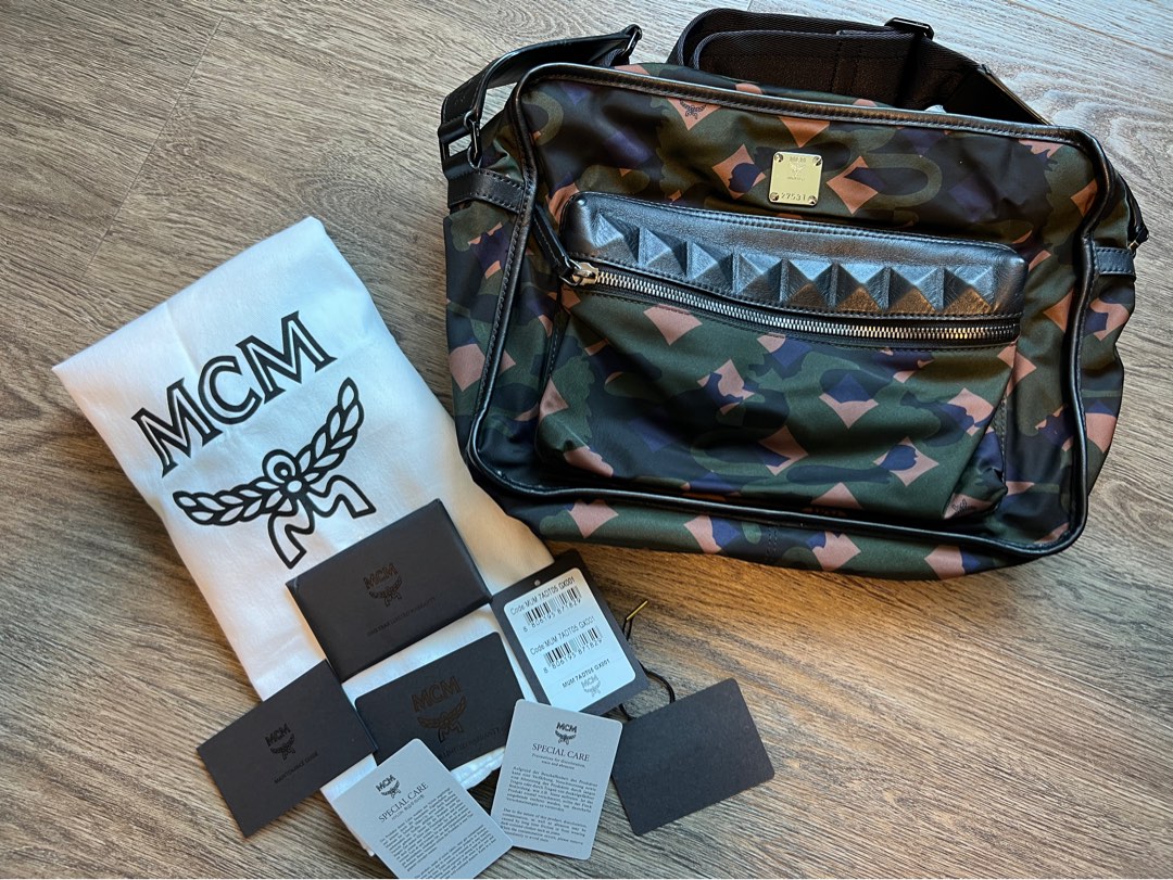 MCM messenger bag in camouflage print with leather complete